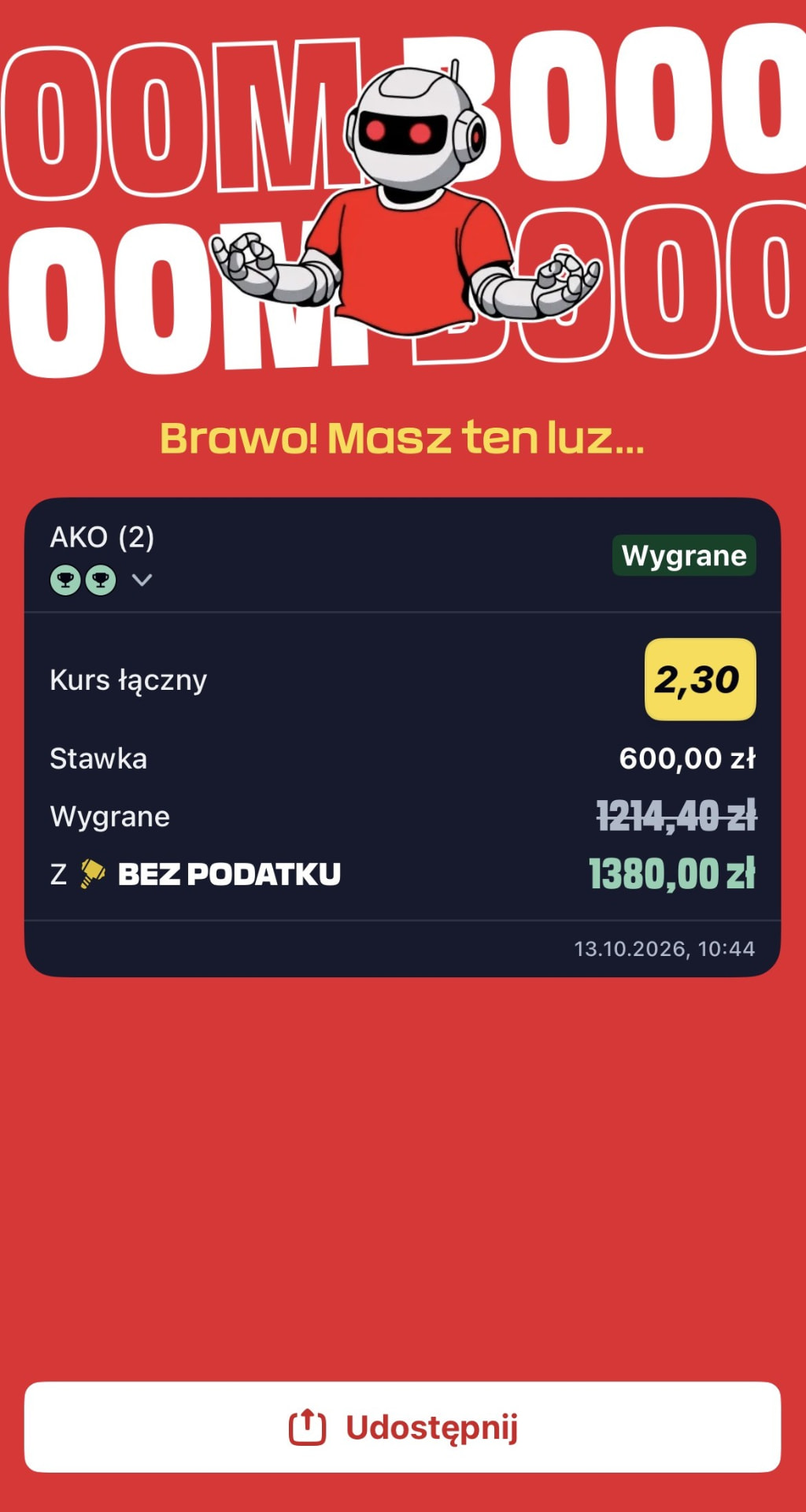 Wygrany Kupon AKO (2) z 13.10.2026